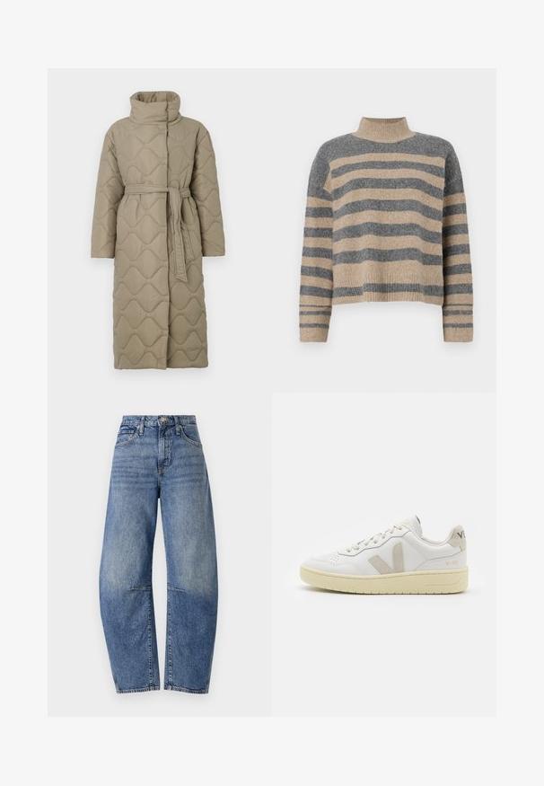 Garšs pelēkbrūns quiltēts mētelis ar augstu apkakli un atbilstošu auduma jostu, kas sasieta ap vidukli, ar viļņu raksta šuvēm visā virsmā.; Raitaināta džemperis ar pelēkajām un bežām krāsām, augstu apkakli, platām aprocēm un brīvu piegriezumu ar īsu dizainu.; Augstām jostasvietām zili džinsa bikses ar brīvu piegriezumu, kas ievēro klasisko piecu kabatu dizainu un redzamām šuvēm gar šuvēm.; Baltas ādas sporta apavu pāris ar bēšiem zamša akcentiem, caurumiņu purngalā, plakanu šņorēšanu un teksturētu krēmkrāsas zoli. Iezīmējas ar diskrētu zīmolu uz papēža.