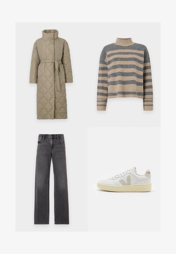 Garšs pelēkbrūns quiltēts mētelis ar augstu apkakli un atbilstošu auduma jostu, kas sasieta ap vidukli, ar viļņu raksta šuvēm visā virsmā.; Raitaināta džemperis ar pelēkajām un bežām krāsām, augstu apkakli, platām aprocēm un brīvu piegriezumu ar īsu dizainu.; Tumši pelēki platā kāja džinsi, izgatavoti no denima, ar priekšējo pogu, divām aizmugurējām kabatām un kontrastējošu vīlēm gar šuvēm.; Baltas ādas sporta apavu pāris ar bēšiem zamša akcentiem, caurumiņu purngalā, plakanu šņorēšanu un teksturētu krēmkrāsas zoli. Iezīmējas ar diskrētu zīmolu uz papēža.