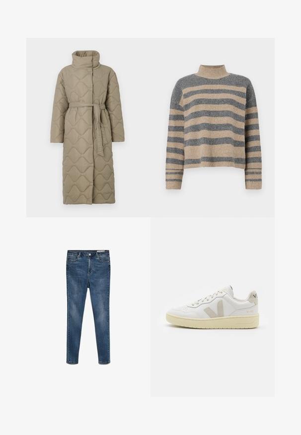 Casaco longo em taupe, acolchoado, com gola alta e cinto de tecido a condizer atado à cintura, apresentando um acolchoado em padrão de ondas por toda a parte.; Sweater de malha às riscas com cores cinza e bege, gola alta, mangas largas com punhos e um corte solto com design cropped.; Jeans skinny de denim azul escuro com uma cintura de altura média, cinco bolsos e um desbotamento subtil. Apresenta fecho com botão e fecho éclair.; Sapatilha de couro branca com detalhes em camurça bege, biqueira perfurada, atacadores planos e sola texturizada creme. Apresenta uma marcação subtil no calcanhar.