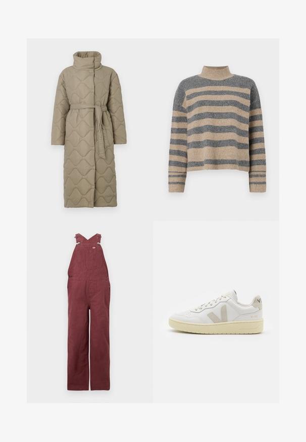 Langer taubefarbener gesteppter Mantel mit hohem Kragen und passendem Stoffgürtel, der in der Taille gebunden ist, mit Wellenmuster-Steppung. ; Gestreifter Strickpullover in Grau- und Beigetönen, mit hohem Kragen, breiten Bündchen an den Ärmeln und einer lockeren Passform im verkürzten Design.; Burgunderfarbene Latzhose aus Baumwolle, mit Kreuzträgern, Fronttaschen und Akzenten aus Metallbeschlägen. Glatte Textur und lässige Passform.; Weiße Ledersneaker mit beigen Wildlederakzenten, perforierte Zehenbox, flache Schnürsenkel und eine strukturierte cremefarbene Sohle. Mit dezentem Branding an der Ferse.