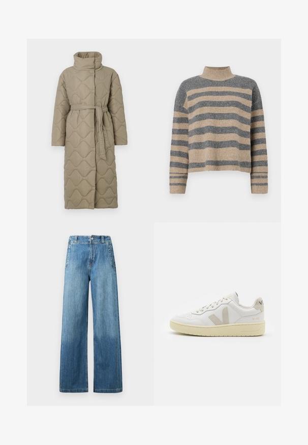 Lång taupe-färgad vadderad kappa med hög krage och matchande tygskärp knutet i midjan, med en vågmönstrad sömnad genom hela plagget.; Randig stickad tröja i grå och beige färger, hög krage, vida manschetter och avslappnad passform med en cropped design.; Ljust blå denim vidbyxa med hög midja, som har två framfickor, bälteshällor och en subtil urtvättad textur.; Vita lädersneakers med beige mockadetaljer, perforerad tåbox, platta snören och en texturerad krämfärgad sula. Har diskret varumärkning på hälen.