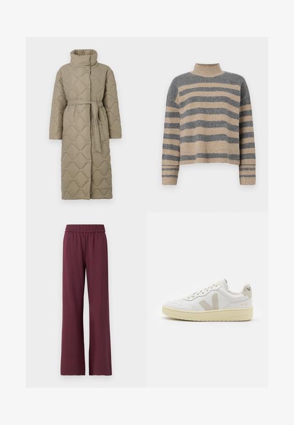 Lang taupe quiltet frakke med høj krave og bælte i matchende stof bundet i taljen, med bølge-mønster syninger over hele.; Striktrøje med striber i grå og beige farver, høj hals, brede manchetærmer og en afslappet pasform med et cropped design.; Bordeaux brede bukser med elastisk talje, lavet af blødt stof, med en glat overflade og en afslappet pasform.; Hvide lærreds sneakers med beige ruskindsdetaljer, perforeret tåboks, flade snørebånd og en struktureret cremefarvet sål. Har diskret branding på hælen.