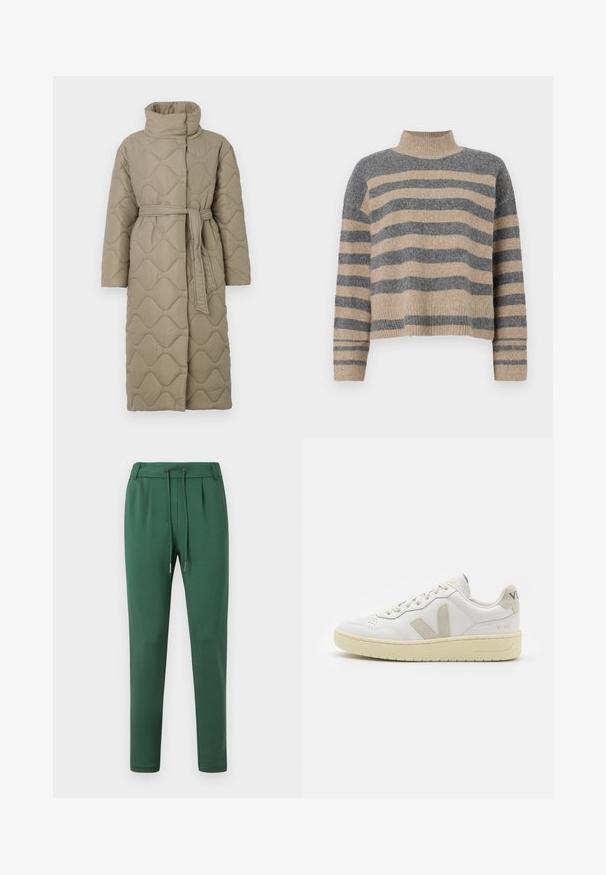 Manteau long en taupe matelassé avec col haut et ceinture en tissu assorti nouée à la taille, présentant des coutures en motif de vagues sur l'ensemble.; Pull en maille rayé aux couleurs grises et beiges, col haut, manches large à poignet, coupe décontractée avec un design court.; Pantalons de survêtement verts en tissu doux, avec une taille élastique et un cordon de serrage, des jambes fuselées et des détails de plis sur les côtés.; Baskets blanches en cuir avec des accents en daim beige, boîte à orteils perforée, lacets plats et semelle texturée crème. Présente un logo discret au talon.