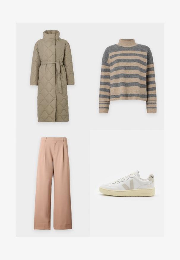 Długi, taupe'owy, pikowany płaszcz z wysokim kołnierzem i pasującym paskiem z materiału związanym w talii, z falistym wzorem przeszyć na całej powierzchni.; Sweter w paski z dzianiny w kolorach szaro-beżowych, z wysokim kołnierzem, szerokimi rękawami na mankietach i luźnym krojem z krótką długością.; Beżowe spodnie o szerokich nogawkach z pętelkami na pasek, z zakładkami w pasie i gładkim przodem, prezentowane na jednolitym białym tle.; Białe skórzane trampki z beżowymi zamszowymi akcentami, perforowanym noskiem, płaskimi sznurowadłami i teksturowaną kremową podeszwą. Posiadają subtelne logo na pięcie.