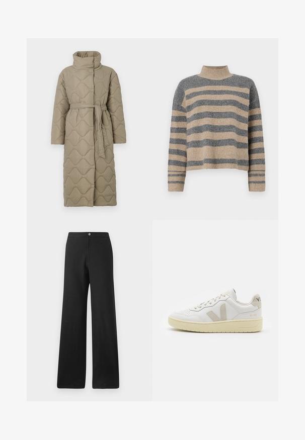 Pitkä taupe-värinen tikattu takki, jossa on korkea kaulus ja samaa kangasta oleva vyö solmittuna vyötärölle. Takissa on aallokkomuotoista tikkausta koko matkalta.; Raidallisen neulepaidan harmaan ja beigen sävyiset värit, korkea kaulus, leveät hihansuut ja rento istuvuus lyhyellä leikkauksella.; Mustat, leveälahkeiset housut, jotka on valmistettu pehmeästä kankaasta. Niissä on etunapitus, siistit linjat ja minimalistinen muotoilu ilman kuvioita.; Valkoiset nahkakengät, joissa on vaaleanruskeat pigmenttisuojat, rei'itetty kärki, litteät nauhat ja teksturoitu kermaisa pohja. Takana on huomaamaton brändäys.