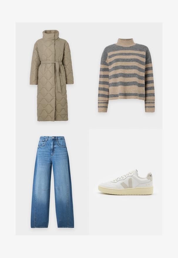 Pikk taupe värvi tikitud mantel kõrge kraega ja sobiva materjalist vööga, mis on seotud vöökohal, ning kogu ulatuses on lainelise mustriga tikand.; Triibuline kudumipusa, millel on hallid ja beezid toonid, kõrge kaelus, laiad mansetid ja vabalt langev lõige koos lühendatud disainiga.; Kõrge talje ja laiad sääred helesinistes denimpükstes, millel on pleekinud efekt, nupuga sulgemine, viis taskut ja tikandi detailid.; Valge nahast tenniseking, millel on beežist siidist aktsent ja aukudega varvas, lame paelad ja tekstureeritud koorevärvi tallad. Omab nüansirikast brändimist kannal.