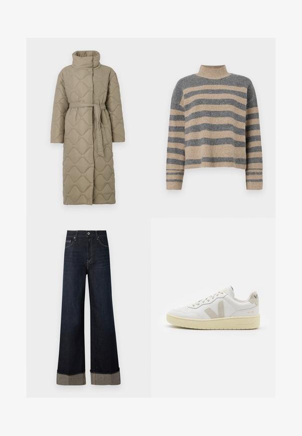 Manteau lung de culoare taupe, matlasat, cu guler înalt și curea din același material legată în talie, având o broderie în formă de valuri pe întreaga suprafață.; Pulover tricotat cu dungi, în culori gri și bej, guler înalt, mâneci late cu manșete și o croială lejeră cu un design scurt.; Jeans negri închis, cu talie înaltă și croială largă, cu tiv brut, având cusături de culoare maro deschis și un manșon pliat care dezvăluie țesătură contrastantă.; Pantofii sport din piele albă cu accente din suede bej, cutie pentru degete perforată, șireturi plate și o talpă texturată de crem. Prezintă branding subtil pe călcâi.