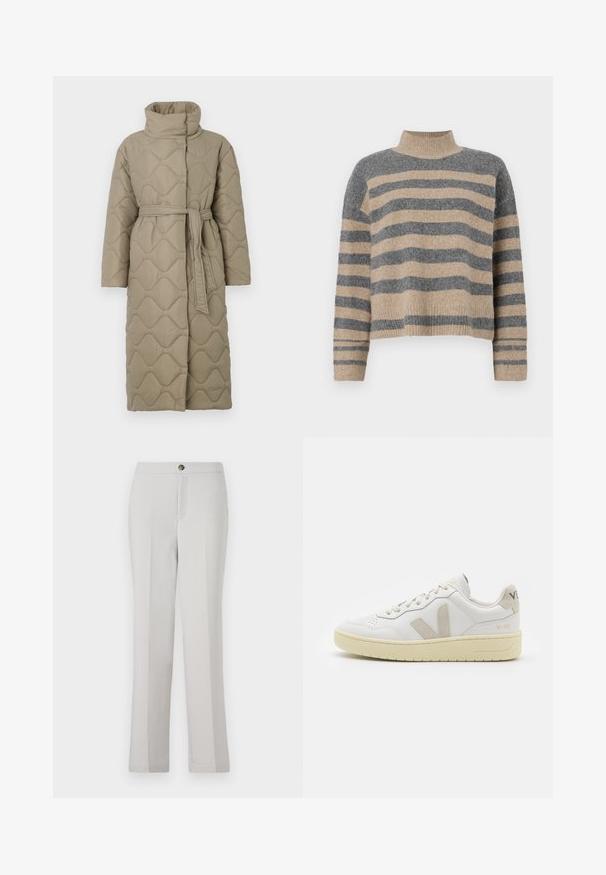 Langer taubefarbener gesteppter Mantel mit hohem Kragen und passendem Stoffgürtel, der in der Taille gebunden ist, mit Wellenmuster-Steppung. ; Gestreifter Strickpullover in Grau- und Beigetönen, mit hohem Kragen, breiten Bündchen an den Ärmeln und einer lockeren Passform im verkürzten Design.; Hellegraue gerade geschnittene Hose aus glattem Stoff, mit einer Frontknopfverschluss, seitlichen Taschen und einer taillierten Passform.; Weiße Ledersneaker mit beigen Wildlederakzenten, perforierte Zehenbox, flache Schnürsenkel und eine strukturierte cremefarbene Sohle. Mit dezentem Branding an der Ferse.