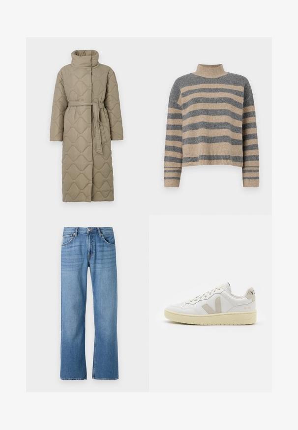 Dolga taupe puhovka s visokim ovratnikom in pasom iz iste tkanine, zavezanim na pasu, ki vsebuje šivane vzorce valov v celotni dolžini.; Prajčast pulover z šivi v sivi in bež barvi, visokim ovratnikom, širokimi manšetami in sproščenim krojem s skrajšano zasnovo.; Svetlo modri denim hlače s ravnim krojem, pet žepov, enojno gumbno zapiranje in šivano podrobnosti ob šivih.; Bela usnjena tenisača z bež semiš poudarki, perforiranim prednjim delom, ravnimi vezalkami in strukturiranim kremnim podplatom. Ima diskretno blagovno znamko na peti.