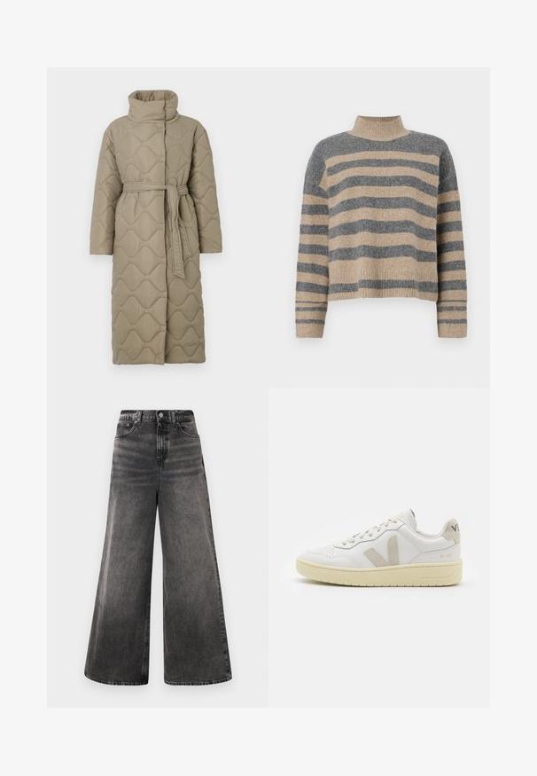 Casaco longo em taupe, acolchoado, com gola alta e cinto de tecido a condizer atado à cintura, apresentando um acolchoado em padrão de ondas por toda a parte.; Sweater de malha às riscas com cores cinza e bege, gola alta, mangas largas com punhos e um corte solto com design cropped.; Calças de ganga pretas de perna larga com um efeito desbotado, design de cinco bolsos e fecho de botão na cintura, apresentando detalhes costurados.; Sapatilha de couro branca com detalhes em camurça bege, biqueira perfurada, atacadores planos e sola texturizada creme. Apresenta uma marcação subtil no calcanhar.