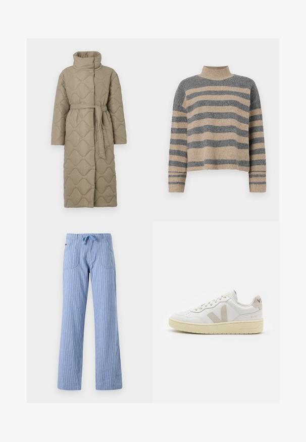 Ilgas taupe spalvos siuvinėtas paltas su aukštu apykakle ir derančiu audinio diržu, suvytu juosmenyje, su banguotu raštu siuvinėjimu visame paviršiuje.; Dryžuotas mezginys su pilkos ir smėlio spalvomis, aukštu kaklu, plačiomis rankovėmis su atvartais ir laisvu siluetu, trumpesnio ilgio.; Šviesiai mėlynos lino mišinuko kelnės su vertikaliomis baltomis juostelėmis, elastiniu juosmeniu, raišteliu ir dviem priekinėmis kišenėmis. Tiesios kojos pjūvis.; Balti odiniai sportbačiai su kreminiais zomšos akcentais, perforuota pirštų dalimi, plokščiomis raišteliais ir struktūruota kreminėmis padomis. Ant kulno yra subtilus ženklinimas.