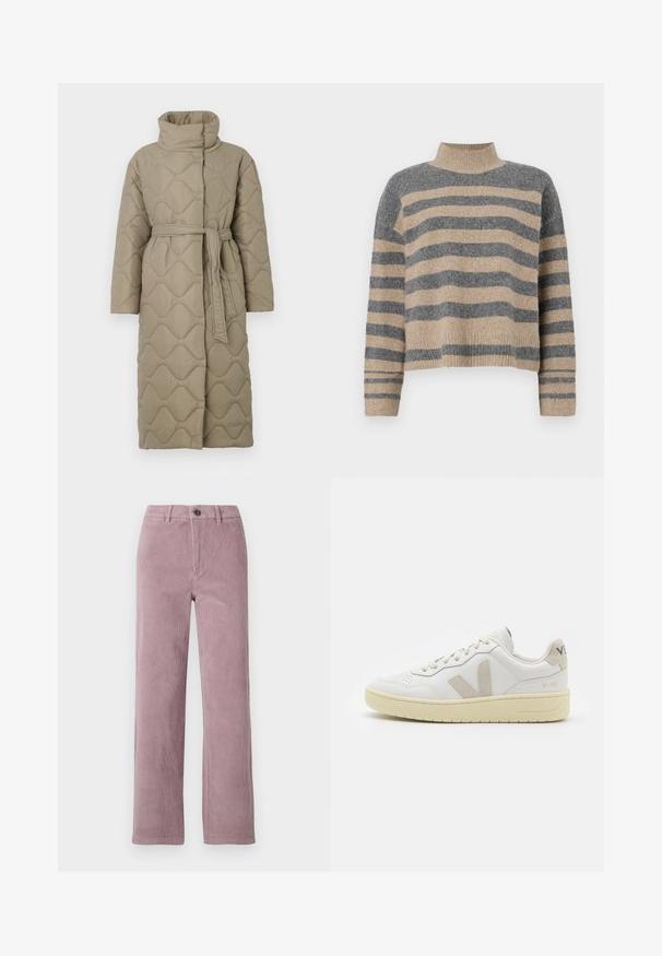 Long taupe quilted coat with high collar and matching fabric belt tied at the waist, featuring wave-pattern stitching throughout.; Striped knit sweater featuring gray and beige colors, high neck, wide cuffed sleeves, and a relaxed fit with a cropped design.; Corduroy pants in light mauve with a straight-leg cut. Features a front button closure and vertical ribbed texture.; White leather sneaker with beige suede accents, perforated toe box, flat laces, and a textured cream sole. Features subtle branding on heel.