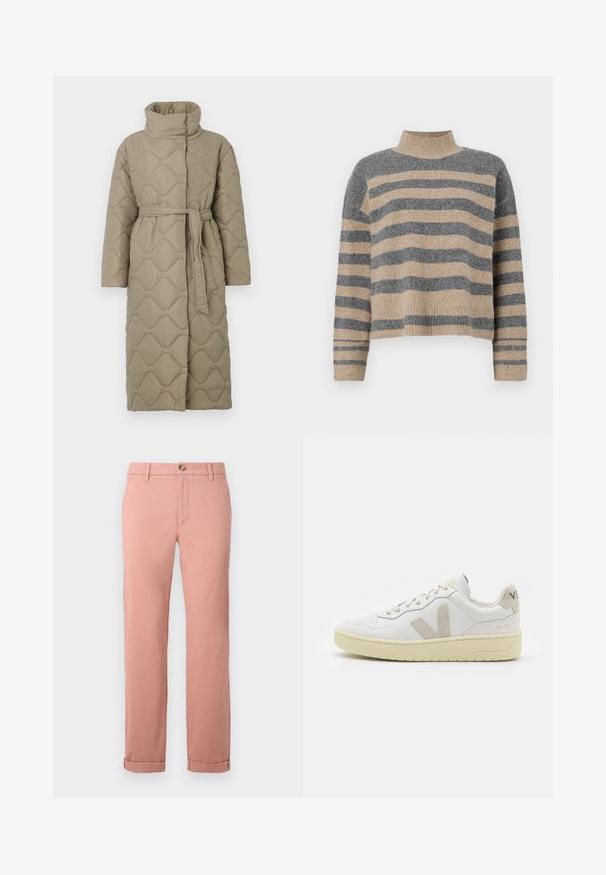 Long taupe quilted coat with high collar and matching fabric belt tied at the waist, featuring wave-pattern stitching throughout.; Striped knit sweater featuring gray and beige colors, high neck, wide cuffed sleeves, and a relaxed fit with a cropped design.; Light pink chinos made of cotton with straight legs, featuring a front button closure, belt loops, and rolled cuffs. Smooth texture.; White leather sneaker with beige suede accents, perforated toe box, flat laces, and a textured cream sole. Features subtle branding on heel.