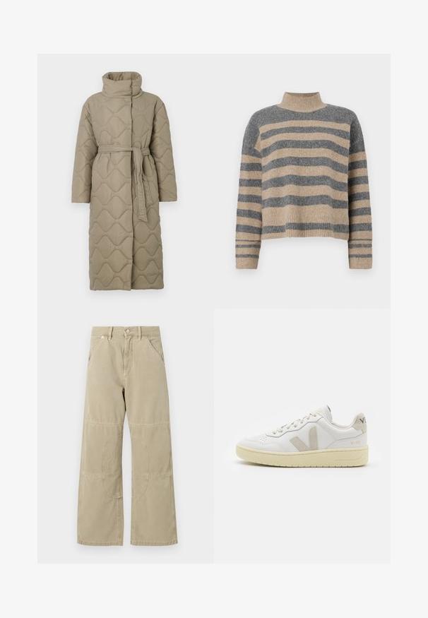 Dugi taupe kaput s kvadrama s visokim ovratnikom i remenom od istog materijala zavezanim u struku, s valovitim uzorkom šivanja kroz cijelu površinu.; Prugasti pleteni džemper u sivoj i bež boji, s visokim ovratnikom, širokim rukavima s manžetama i opuštenim krojem koji je skraćen.; Bež hlače ravnog kroja s ojačanim koljenastim dijelovima, prednjim i stražnjim džepovima, petljama za remen i kopčanjem na gumbe u struku.; Bijele kožne tenisice s bež nubuk naglascima, perforiranim prednjim dijelom, ravnim čipkama i teksturiranom kremastom potplatom. Sadrži suptilni brend na pete.