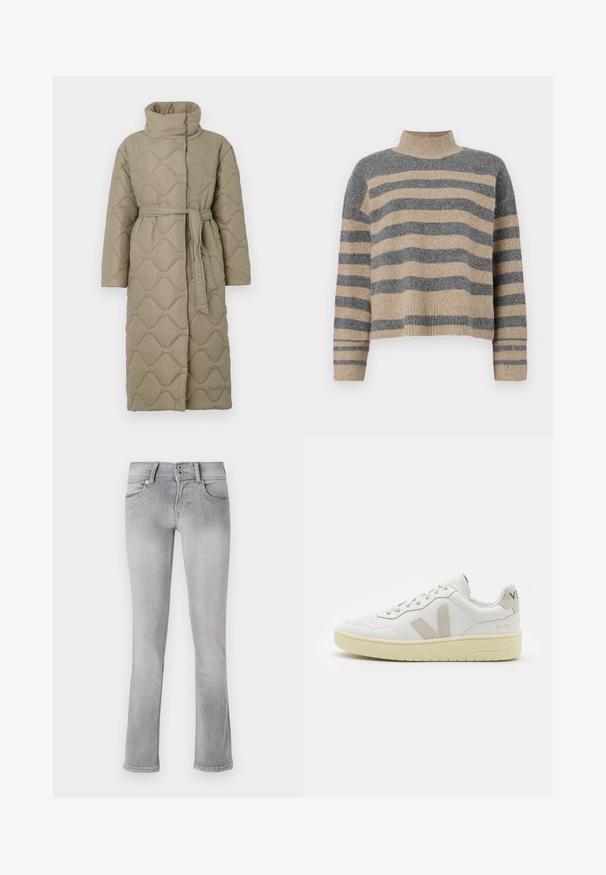 Dugi taupe kaput s kvadrama s visokim ovratnikom i remenom od istog materijala zavezanim u struku, s valovitim uzorkom šivanja kroz cijelu površinu.; Prugasti pleteni džemper u sivoj i bež boji, s visokim ovratnikom, širokim rukavima s manžetama i opuštenim krojem koji je skraćen.; Sive traperice s uskim krojem, blago raširenim rubom, dva prednja džepa i dugmadi za zatvaranje. S cijele površine imaju izblijeđeni izgled.; Bijele kožne tenisice s bež nubuk naglascima, perforiranim prednjim dijelom, ravnim čipkama i teksturiranom kremastom potplatom. Sadrži suptilni brend na pete.