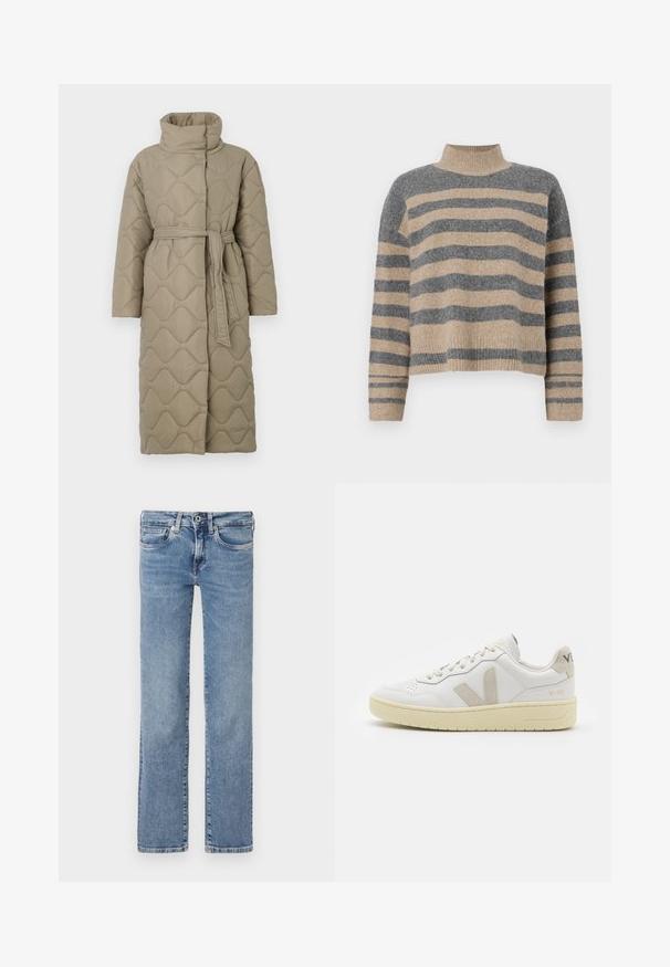 Ilgas taupe spalvos siuvinėtas paltas su aukštu apykakle ir derančiu audinio diržu, suvytu juosmenyje, su banguotu raštu siuvinėjimu visame paviršiuje.; Dryžuotas mezginys su pilkos ir smėlio spalvomis, aukštu kaklu, plačiomis rankovėmis su atvartais ir laisvu siluetu, trumpesnio ilgio.; Šviesiai mėlynos džinsinės kelnes, tiesaus kirpimo, penkių kišenių stiliaus, su mygtuku ir užtrauktuku, su šiek tiek išblukusiu paviršiumi ir švariu apatiniu kraštu.; Balti odiniai sportbačiai su kreminiais zomšos akcentais, perforuota pirštų dalimi, plokščiomis raišteliais ir struktūruota kreminėmis padomis. Ant kulno yra subtilus ženklinimas.