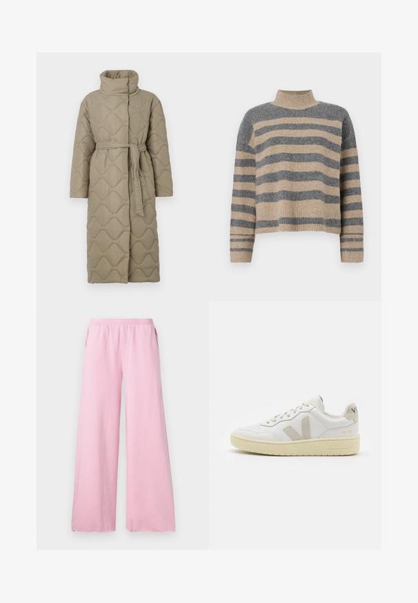 Ilgas taupe spalvos siuvinėtas paltas su aukštu apykakle ir derančiu audinio diržu, suvytu juosmenyje, su banguotu raštu siuvinėjimu visame paviršiuje.; Dryžuotas mezginys su pilkos ir smėlio spalvomis, aukštu kaklu, plačiomis rankovėmis su atvartais ir laisvu siluetu, trumpesnio ilgio.; Rožinės plačios kelnės, pagamintos iš minkštos medžiagos, su elastinga juosmens juostele ir šoninėmis kišenėmis. Pabrėžia tiesią, laisvai krintančią siluetą.; Balti odiniai sportbačiai su kreminiais zomšos akcentais, perforuota pirštų dalimi, plokščiomis raišteliais ir struktūruota kreminėmis padomis. Ant kulno yra subtilus ženklinimas.