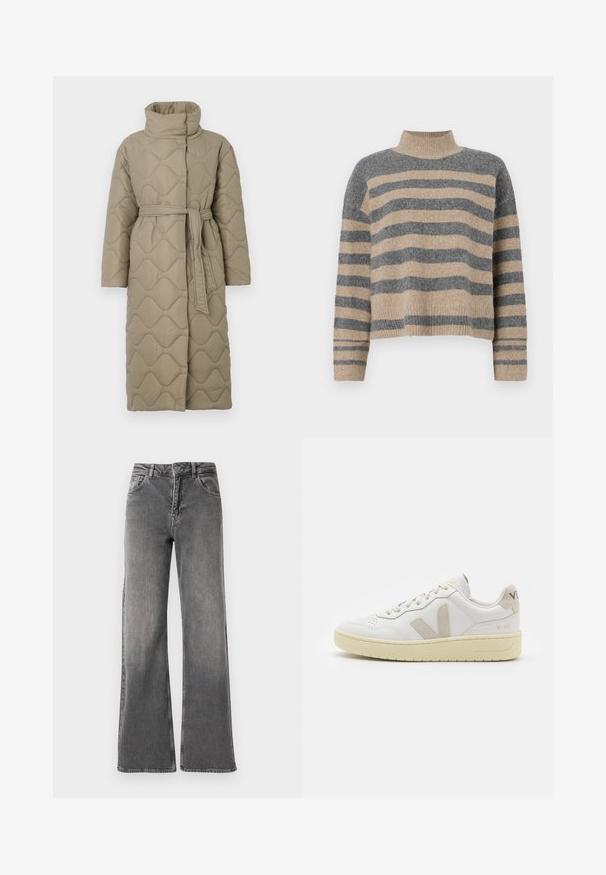 Lang taupe quiltet frakk med høy krage og belte i matchende stoff knyttet rundt livet, med bølgemønster-innsying gjennom hele frakken.; Stripet strikkegenser som har grå og beige farger, høy hals, brede mansjetter og en avslappet passform med kort design.; Vide ben jeans i mørk grå denim, med høy midje, fem lommer og minimal falming. Metallknapp og glidelås lukking.; Hvite lær sneakers med beige semsket detaljer, perforert tåboks, flate lisser og en teksturert kremfarget såle. Har subtil branding på hælen.