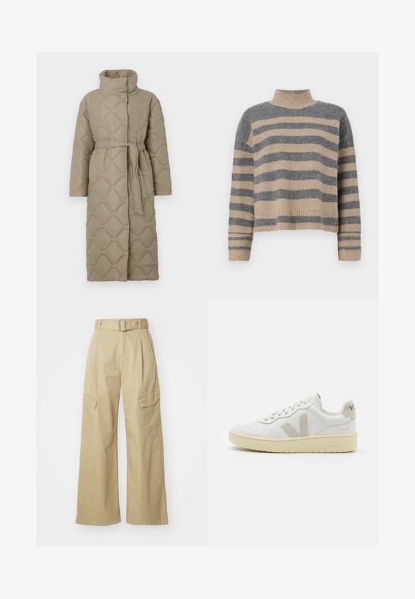 Long taupe quilted coat with high collar and matching fabric belt tied at the waist, featuring wave-pattern stitching throughout.; Striped knit sweater featuring gray and beige colors, high neck, wide cuffed sleeves, and a relaxed fit with a cropped design.; Beige cargo pants with a wide leg, made from lightweight fabric. Features a belted waist, two side pockets, and distinct front pleats.; White leather sneaker with beige suede accents, perforated toe box, flat laces, and a textured cream sole. Features subtle branding on heel.