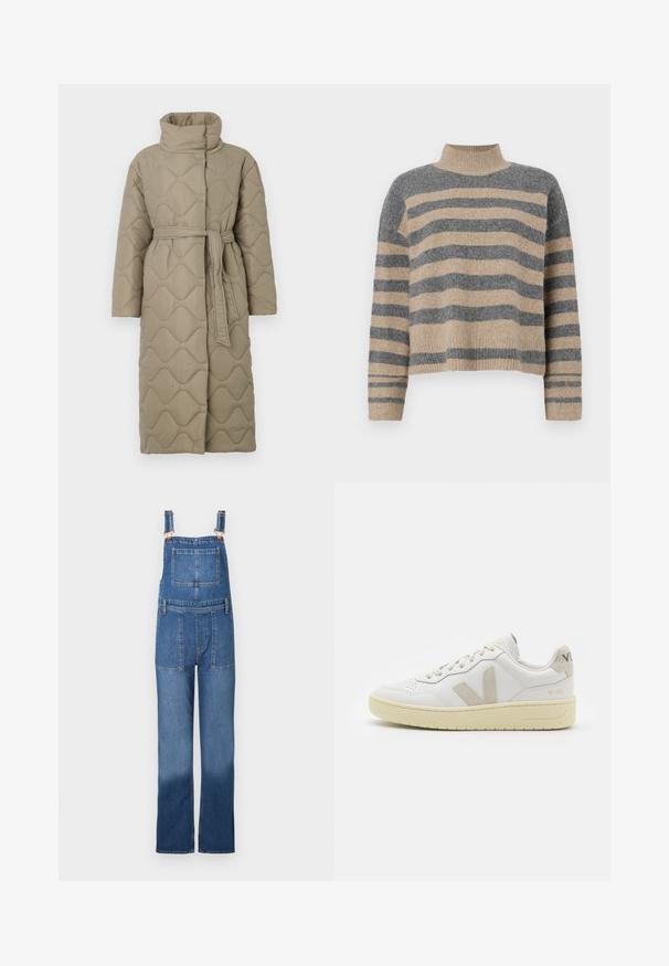 Lång taupe-färgad vadderad kappa med hög krage och matchande tygskärp knutet i midjan, med en vågmönstrad sömnad genom hela plagget.; Randig stickad tröja i grå och beige färger, hög krage, vida manschetter och avslappnad passform med en cropped design.; Jeansoverall i mellanblått med justerbara axelband, stor framficka och vida, raka ben. Slät textur med förstärkta sömmar.; Vita lädersneakers med beige mockadetaljer, perforerad tåbox, platta snören och en texturerad krämfärgad sula. Har diskret varumärkning på hälen.