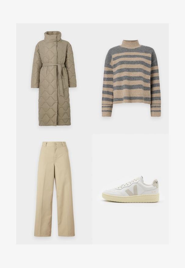 Manteau lung de culoare taupe, matlasat, cu guler înalt și curea din același material legată în talie, având o broderie în formă de valuri pe întreaga suprafață.; Pulover tricotat cu dungi, în culori gri și bej, guler înalt, mâneci late cu manșete și o croială lejeră cu un design scurt.; Pantaloni largi bej din bumbac, cu închidere cu nasture, bucle pentru curea și față plată cu detalii minime.; Pantofii sport din piele albă cu accente din suede bej, cutie pentru degete perforată, șireturi plate și o talpă texturată de crem. Prezintă branding subtil pe călcâi.