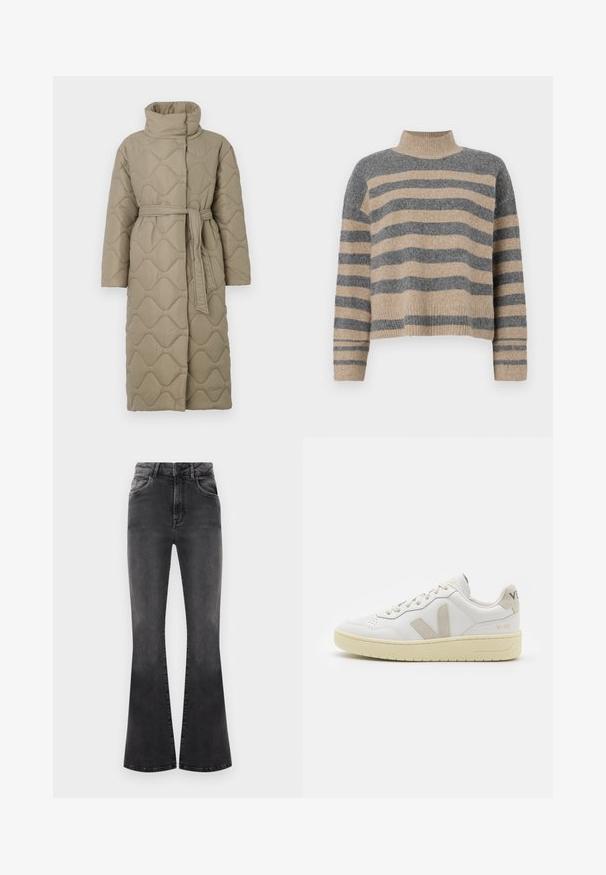 Ilgas taupe spalvos siuvinėtas paltas su aukštu apykakle ir derančiu audinio diržu, suvytu juosmenyje, su banguotu raštu siuvinėjimu visame paviršiuje.; Dryžuotas mezginys su pilkos ir smėlio spalvomis, aukštu kaklu, plačiomis rankovėmis su atvartais ir laisvu siluetu, trumpesnio ilgio.; Juodos plačios džinsinės kelnės su aukštu liemeniu, siuvimo detalėmis ir penkiomis kišenėmis. Audinys turi lygų paviršių su išblukusiu apdailu.; Balti odiniai sportbačiai su kreminiais zomšos akcentais, perforuota pirštų dalimi, plokščiomis raišteliais ir struktūruota kreminėmis padomis. Ant kulno yra subtilus ženklinimas.