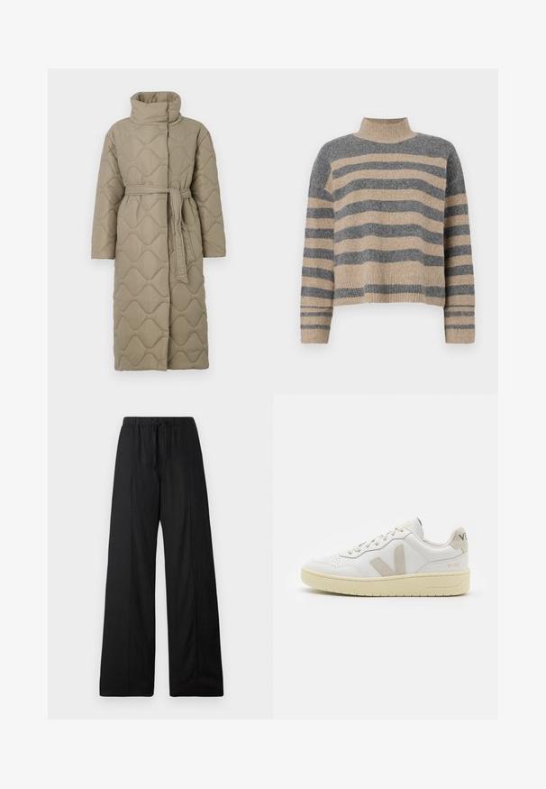 Lång taupe-färgad vadderad kappa med hög krage och matchande tygskärp knutet i midjan, med en vågmönstrad sömnad genom hela plagget.; Randig stickad tröja i grå och beige färger, hög krage, vida manschetter och avslappnad passform med en cropped design.; Svarta vida byxor i lättviktsmaterial. Har resår i midjan med dragsko. Ren, minimalistisk design utan mönster.; Vita lädersneakers med beige mockadetaljer, perforerad tåbox, platta snören och en texturerad krämfärgad sula. Har diskret varumärkning på hälen.