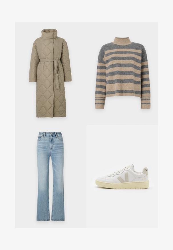 Abrigo largo en tono topo, acolchado, con cuello alto y cinturón de tela a juego atado en la cintura, que presenta un diseño de costura en patrón de olas en toda su superficie.; Suéter de punto a rayas en colores gris y beige, con cuello alto, mangas anchas con puños, y un corte relajado con un diseño recortado.; Pantalones vaqueros azul claro de tiro alto, confeccionados en denim, con pierna recta, diseño de cinco bolsillos y un ligero efecto de desgaste en los muslos.; Zapatilla de piel blanca con acentos de ante beige, caja de puntera perforada, cordones planos y suela texturizada en color crema. Cuenta con un branding sutil en el talón.