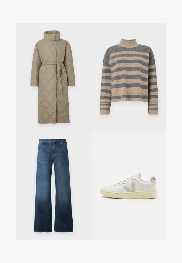 Long taupe quilted coat with high collar and matching fabric belt tied at the waist, featuring wave-pattern stitching throughout.; Striped knit sweater featuring gray and beige colors, high neck, wide cuffed sleeves, and a relaxed fit with a cropped design.; Dark blue wide-leg jeans made from denim, featuring a high waist, five-pocket design, and subtle fading at the hem. Standard button closure.; White leather sneaker with beige suede accents, perforated toe box, flat laces, and a textured cream sole. Features subtle branding on heel.