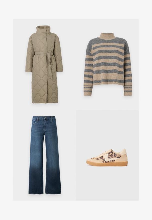 Pikk taupe värvi tikitud mantel kõrge kraega ja sobiva materjalist vööga, mis on seotud vöökohal, ning kogu ulatuses on lainelise mustriga tikand.; Triibuline kudumipusa, millel on hallid ja beezid toonid, kõrge kaelus, laiad mansetid ja vabalt langev lõige koos lühendatud disainiga.; Tumedast sinisest denimist laiad teksad, mis on kõrge vöökohaga, viie taskuga disainiga ja õrna kulumisega allääres. Tavaline nööbiga sulgur.; Leopardi mustriga tossud, millel on beež sueded ülemine osa, pruuni kummist põhi ja valged aktsendid. Ümar nina ja lipsukujundus, millel on tekstureeritud viimistlus.