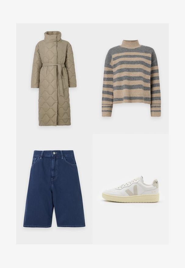 Langer taubefarbener gesteppter Mantel mit hohem Kragen und passendem Stoffgürtel, der in der Taille gebunden ist, mit Wellenmuster-Steppung. ; Gestreifter Strickpullover in Grau- und Beigetönen, mit hohem Kragen, breiten Bündchen an den Ärmeln und einer lockeren Passform im verkürzten Design.; Marineblaue Denim-Shorts mit einem traditionellen Fünf-Taschen-Design, Gürtelschlaufen und einem Frontknopfverschluss. Glatte Textur mit sichtbaren Nähten.; Weiße Ledersneaker mit beigen Wildlederakzenten, perforierte Zehenbox, flache Schnürsenkel und eine strukturierte cremefarbene Sohle. Mit dezentem Branding an der Ferse.