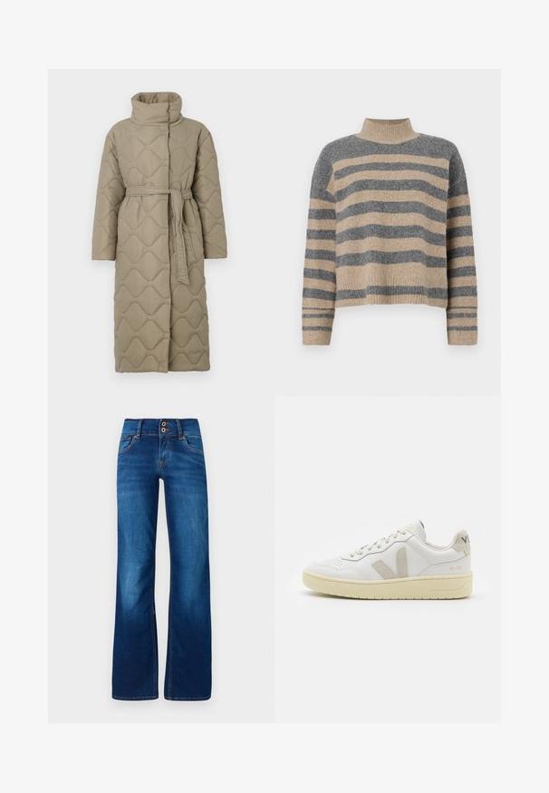 Lang taupe quiltet frakk med høy krage og belte i matchende stoff knyttet rundt livet, med bølgemønster-innsying gjennom hele frakken.; Stripet strikkegenser som har grå og beige farger, høy hals, brede mansjetter og en avslappet passform med kort design.; Bredde ben blå jeans laget av denim, med to frontknapper, oransje søm og en jevn tekstur. Klassisk fem-lomme design.; Hvite lær sneakers med beige semsket detaljer, perforert tåboks, flate lisser og en teksturert kremfarget såle. Har subtil branding på hælen.