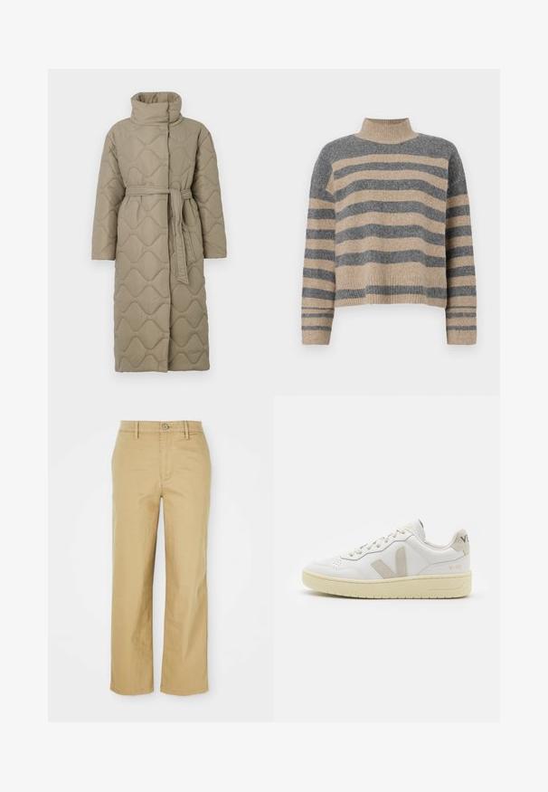 Lang taupe quiltet frakk med høy krage og belte i matchende stoff knyttet rundt livet, med bølgemønster-innsying gjennom hele frakken.; Stripet strikkegenser som har grå og beige farger, høy hals, brede mansjetter og en avslappet passform med kort design.; Beige bomullsbukser med rett ben-design. Har knappelukking, beltestropper og frontlommer, lett tekstur.; Hvite lær sneakers med beige semsket detaljer, perforert tåboks, flate lisser og en teksturert kremfarget såle. Har subtil branding på hælen.