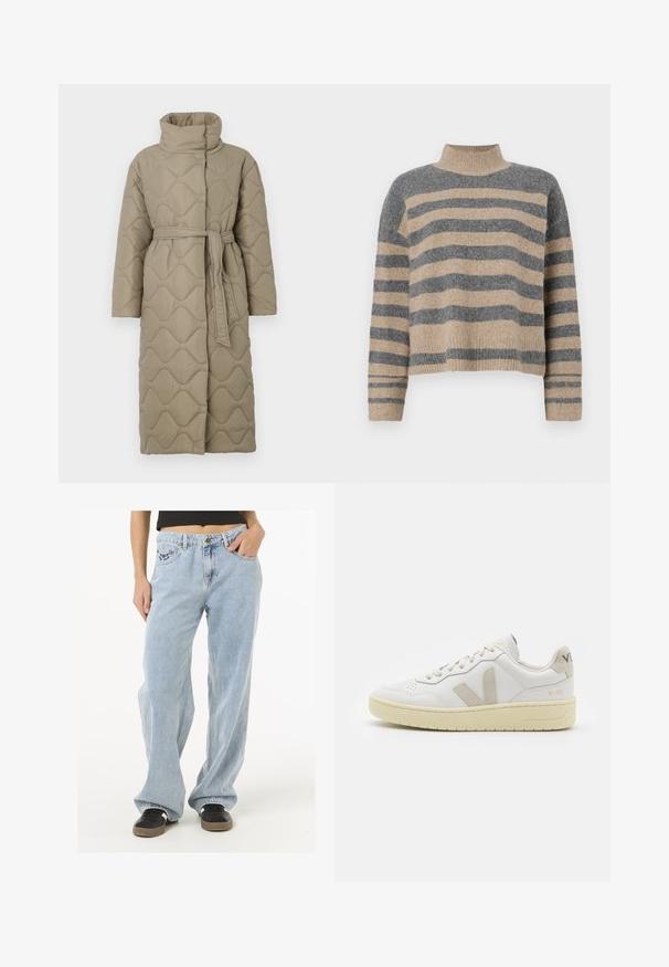 Long taupe quilted coat with high collar and matching fabric belt tied at the waist, featuring wave-pattern stitching throughout.; Striped knit sweater featuring gray and beige colors, high neck, wide cuffed sleeves, and a relaxed fit with a cropped design.; Light blue denim jeans with a relaxed fit, five-pocket design, gold hardware, and subtle embroidered logo on the front pocket.; White leather sneaker with beige suede accents, perforated toe box, flat laces, and a textured cream sole. Features subtle branding on heel.