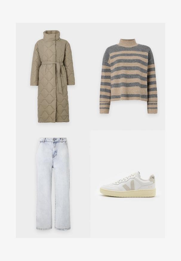 Long taupe quilted coat with high collar and matching fabric belt tied at the waist, featuring wave-pattern stitching throughout.; Striped knit sweater featuring gray and beige colors, high neck, wide cuffed sleeves, and a relaxed fit with a cropped design.; Light blue denim wide-leg jeans with a high waist, featuring a button closure, straight hem, and minimal fading.; White leather sneaker with beige suede accents, perforated toe box, flat laces, and a textured cream sole. Features subtle branding on heel.