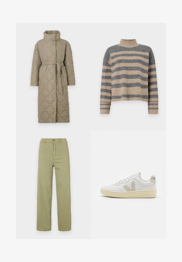 Lange taupe gekwiltde jas met hoge kraag en bijpassende stoffen riem die om de taille is geknoopt, met golfpatroon stiksel over het geheel.; Gestreepte gebreide trui met grijze en beige kleuren, hoge hals, brede mouwen met manchetten en een relaxte pasvorm met een cropped ontwerp.; Lichtgroene high-waisted broek met een rechte pijp. Kenmerkt zich door een knoopsluiting en een rafelige zoom. Gemaakt van katoenstof met een soepele textuur.; Witte leren sneaker met beige suède accenten, geperforeerde neus, platte veters en een gestructureerde crèmekleurige zool. Heeft subtiele branding op de hak.