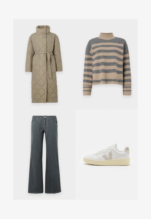 Lang taupe quiltet frakk med høy krage og belte i matchende stoff knyttet rundt livet, med bølgemønster-innsying gjennom hele frakken.; Stripet strikkegenser som har grå og beige farger, høy hals, brede mansjetter og en avslappet passform med kort design.; Grå flare jeans laget av denim med en jevn tekstur. Funksjoner inkluderer knappestengning, beltehemper og frontlommer.; Hvite lær sneakers med beige semsket detaljer, perforert tåboks, flate lisser og en teksturert kremfarget såle. Har subtil branding på hælen.