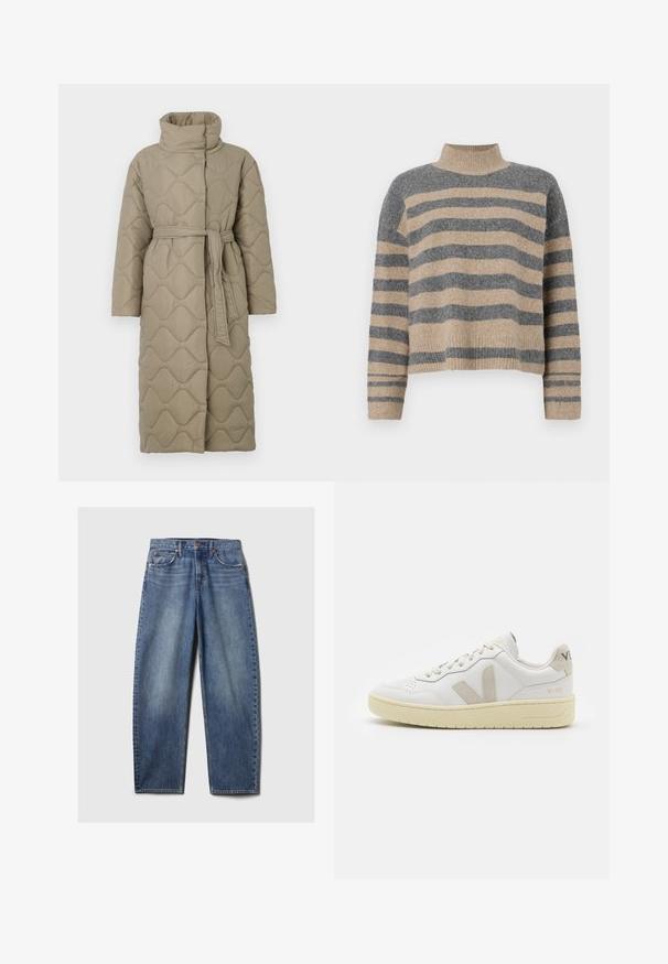 Long taupe quilted coat with high collar and matching fabric belt tied at the waist, featuring wave-pattern stitching throughout.; Striped knit sweater featuring gray and beige colors, high neck, wide cuffed sleeves, and a relaxed fit with a cropped design.; Blue denim jeans with a relaxed fit, featuring five pockets, copper rivets, and a faded wash. Straight legs with a clean hem.; White leather sneaker with beige suede accents, perforated toe box, flat laces, and a textured cream sole. Features subtle branding on heel.