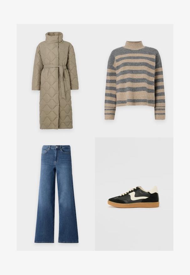 Garšs pelēkbrūns quiltēts mētelis ar augstu apkakli un atbilstošu auduma jostu, kas sasieta ap vidukli, ar viļņu raksta šuvēm visā virsmā.; Raitaināta džemperis ar pelēkajām un bežām krāsām, augstu apkakli, platām aprocēm un brīvu piegriezumu ar īsu dizainu.; Plati kāju zili džinsi ar standarta jostasvietu, priekšējām kabatām un gludu faktūru. Nav redzamu rakstu vai rotājumu.; Melna zamšāda un ādas sporta apavi ar krēmkrāsas sānu svītru un gaiši krēmkrāsas papēdi. Ar beigu krāsas auklām un gumijas zole.