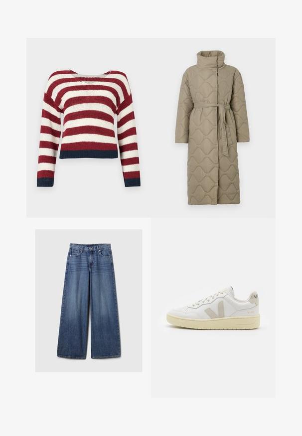 Abrigo largo en tono topo, acolchado, con cuello alto y cinturón de tela a juego atado en la cintura, que presenta un diseño de costura en patrón de olas en toda su superficie.; Suéter de ganchillo con rayas horizontales rojas y blancas, con un diseño corto y ribetes en azul marino en la parte inferior y en las mangas.; Jeans de mezclilla azul de pierna ancha con un acabado desgastado, que cuentan con un cierre de botón y cremallera, cinco bolsillos y cinturas.; Zapatilla de piel blanca con acentos de ante beige, caja de puntera perforada, cordones planos y suela texturizada en color crema. Cuenta con un branding sutil en el talón.