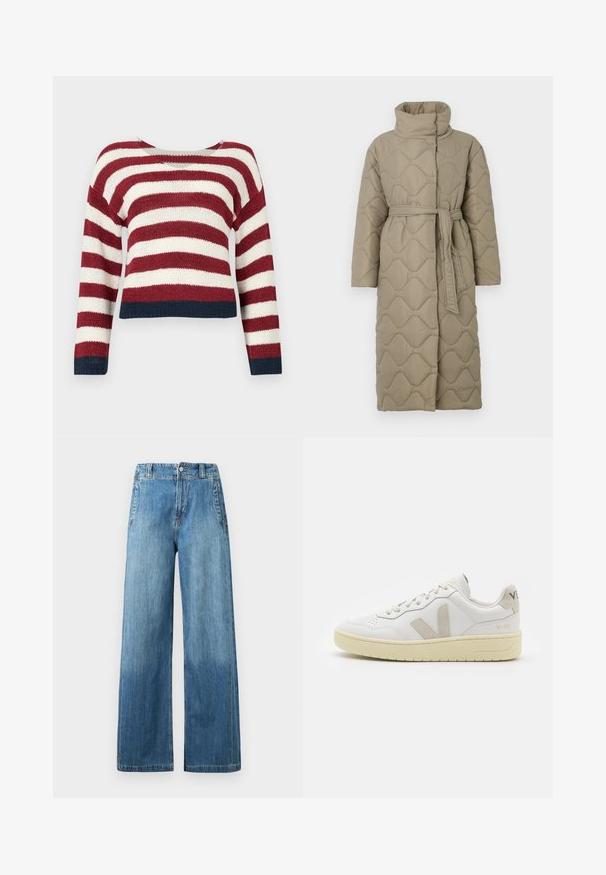 Lang taupe quiltet frakk med høy krage og belte i matchende stoff knyttet rundt livet, med bølgemønster-innsying gjennom hele frakken.; Heklet genser med horisontale røde og hvite striper, med en kort design og marineblå kant nederst og på ermene.; Lyseblå denim bukser med vid ben og høy midje, med to frontlommer, belteholder og en subtil falmet tekstur.; Hvite lær sneakers med beige semsket detaljer, perforert tåboks, flate lisser og en teksturert kremfarget såle. Har subtil branding på hælen.