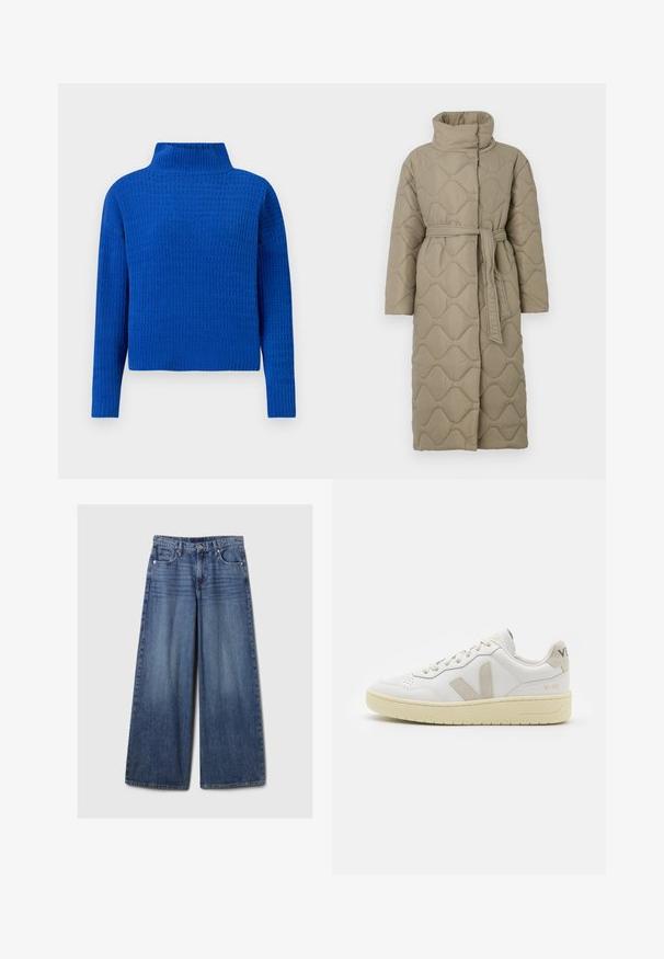 Manteau long en taupe matelassé avec col haut et ceinture en tissu assorti nouée à la taille, présentant des coutures en motif de vagues sur l'ensemble.; Pull en tricot bleu avec un col montant, présentant un design texturé à motifs et des manches longues ; coupe courte avec une finition côtelée.; Jean en denim bleu à jambes larges avec une finition délavée, doté d'une fermeture à bouton et à glissière, de cinq poches et de passants de ceinture.; Baskets blanches en cuir avec des accents en daim beige, boîte à orteils perforée, lacets plats et semelle texturée crème. Présente un logo discret au talon.