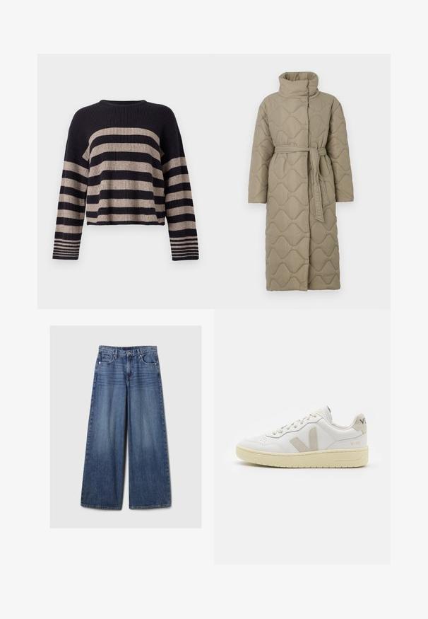 Cappotto lungo color taupe trapuntato con alto colletto e cintura in tessuto abbinato legata in vita, caratterizzato da cuciture a motivo ondulato in tutto il capo.; Maglione lavorato a maglia con strisce orizzontali blu navy e beige, texture a coste, scollatura rotonda e maniche lunghe con dettagli a strisce sui polsini.; Jeans in denim blu a gamba larga con una finitura sbiadita, dotati di chiusura a bottone e zip, cinque tasche e passanti per cintura.; Sneaker in pelle bianca con dettagli in suede beige, punta perforata, lacci piatti e suola testurizzata color crema. Presenta un logo discreto sul tallone.