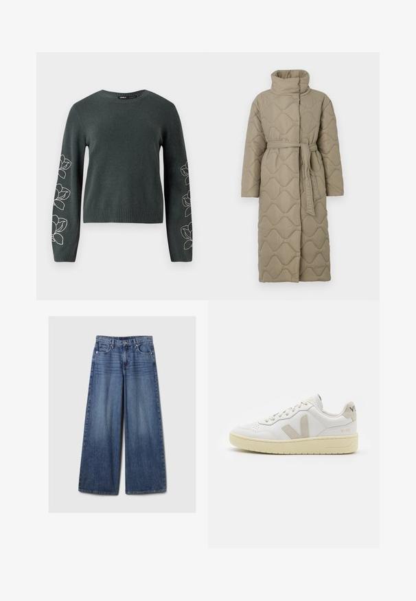 Pitkä taupe-värinen tikattu takki, jossa on korkea kaulus ja samaa kangasta oleva vyö solmittuna vyötärölle. Takissa on aallokkomuotoista tikkausta koko matkalta.; Tumma vihreä neulepaita pitkillä hihoilla, jossa on valkoisia brodeerattuja kukkakuvioita hihoissa sekä ribattu pääntie ja helma.; Vaaleansiniset, leveälahkeiset farkut, joissa on haalistunut viimeistely. Ne sisältävät napin ja vetskarin, viisi taskua sekä vyölenkit.; Valkoiset nahkakengät, joissa on vaaleanruskeat pigmenttisuojat, rei'itetty kärki, litteät nauhat ja teksturoitu kermaisa pohja. Takana on huomaamaton brändäys.