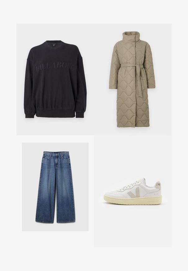 Long taupe quilted coat with high collar and matching fabric belt tied at the waist, featuring wave-pattern stitching throughout.; Black sweatshirt with a crew neck, elastic waistband, and long sleeves. Features textured "BILLABONG" logo stitched across the front.; Wide-leg blue denim jeans with a faded finish, featuring a button and zipper closure, five pockets, and belt loops.; White leather sneaker with beige suede accents, perforated toe box, flat laces, and a textured cream sole. Features subtle branding on heel.