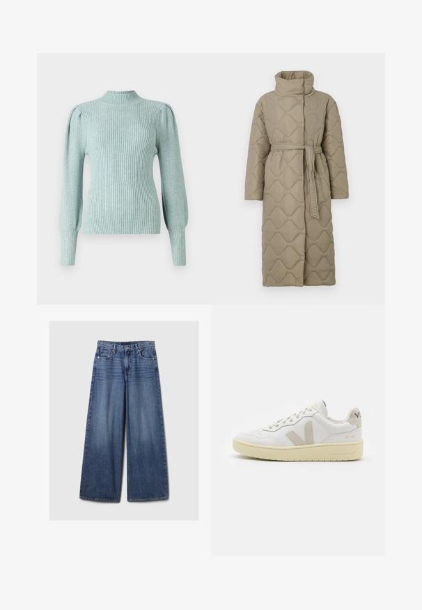 Dolga taupe puhovka s visokim ovratnikom in pasom iz iste tkanine, zavezanim na pasu, ki vsebuje šivane vzorce valov v celotni dolžini.; Svetrov modernega svetlo modrega odtenka z lahnim ovratnikom, strukturiranimi ramenskimi šivi in prilegajočimi dolgimi rokavi. Mehka tekstura z raztegljivo kakovostjo.; Široke jeans hlače iz modrega denima z bledečim finišem, z gumbom in zadrgo, petimi žepi in zanko za pas.; Bela usnjena tenisača z bež semiš poudarki, perforiranim prednjim delom, ravnimi vezalkami in strukturiranim kremnim podplatom. Ima diskretno blagovno znamko na peti.