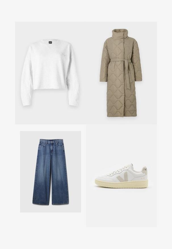 Casaco longo em taupe, acolchoado, com gola alta e cinto de tecido a condizer atado à cintura, apresentando um acolchoado em padrão de ondas por toda a parte.; Sweatshirt cinzado cortado feito de tecido macio; apresenta um decote em V, mangas longas e um pequeno logótipo bordado no lado esquerdo do peito.; Calças de ganga azul de perna larga com um acabamento desbotado, apresentando um fecho de botão e zipper, cinco bolsos e passantes para cinto.; Sapatilha de couro branca com detalhes em camurça bege, biqueira perfurada, atacadores planos e sola texturizada creme. Apresenta uma marcação subtil no calcanhar.