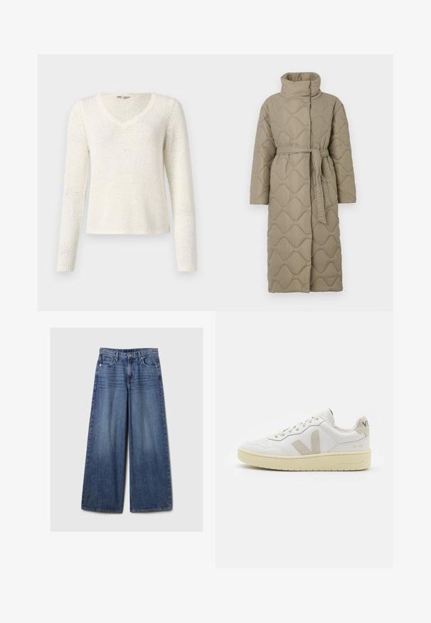 Pikk taupe värvi tikitud mantel kõrge kraega ja sobiva materjalist vööga, mis on seotud vöökohal, ning kogu ulatuses on lainelise mustriga tikand.; V-kaelusega, pika varrukaga särk off-white kudumisest. Omab lõdva istuvust, tekstuurset mustrit ja lihtsat serva. Kerge materjal.; Laiad sinised denimpüksid, millel on pleekinud viimistlus, nupp ja lukuga sulgemine, viis taskut ning vööaasad.; Valge nahast tenniseking, millel on beežist siidist aktsent ja aukudega varvas, lame paelad ja tekstureeritud koorevärvi tallad. Omab nüansirikast brändimist kannal.