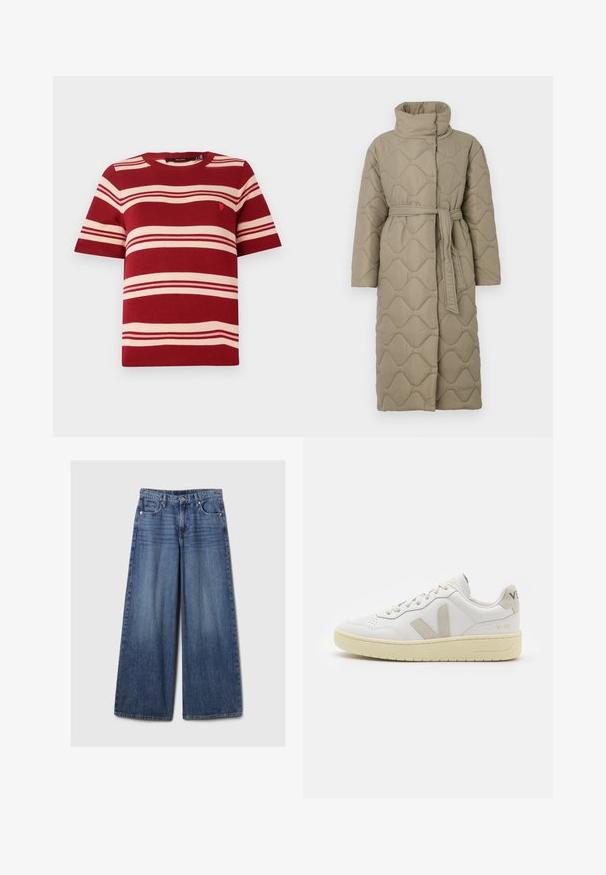 Pikk taupe värvi tikitud mantel kõrge kraega ja sobiva materjalist vööga, mis on seotud vöökohal, ning kogu ulatuses on lainelise mustriga tikand.; Punane triibuline lühikeste varrukatega kootud särk kreemjatest horisontaalsetest triipudest ja väikese embleemiga rinna lähedal. Ribiga ümar kaelus ja varrukate servad.; Laiad sinised denimpüksid, millel on pleekinud viimistlus, nupp ja lukuga sulgemine, viis taskut ning vööaasad.; Valge nahast tenniseking, millel on beežist siidist aktsent ja aukudega varvas, lame paelad ja tekstureeritud koorevärvi tallad. Omab nüansirikast brändimist kannal.