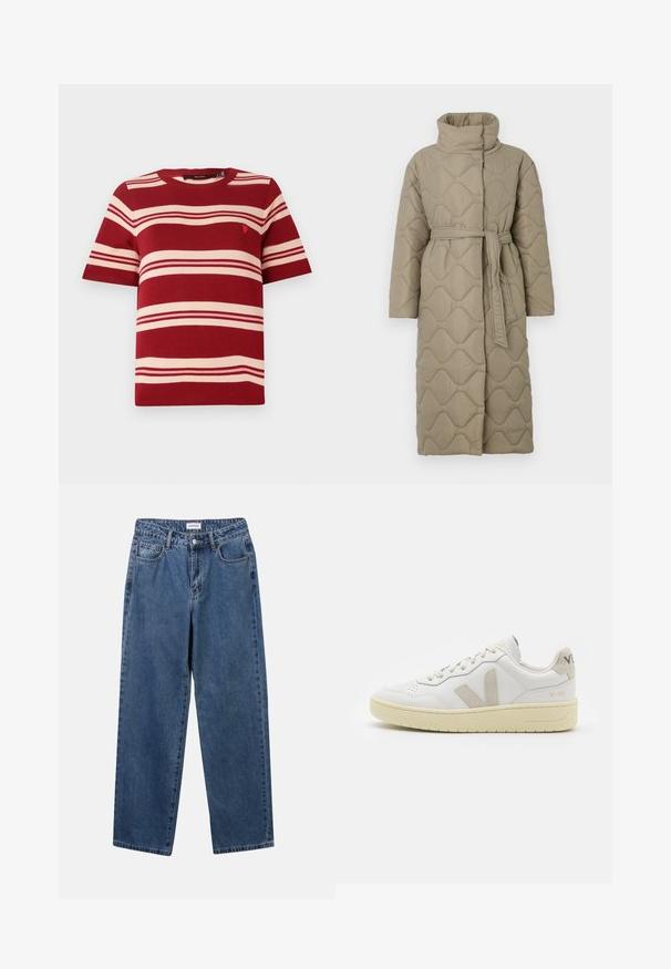 Langer taubefarbener gesteppter Mantel mit hohem Kragen und passendem Stoffgürtel, der in der Taille gebunden ist, mit Wellenmuster-Steppung. ; Rot gestreifter Kurzarm-Pullover mit cremefarbenen horizontalen Streifen und kleinem Emblem in der Nähe der Brust. Gerippter Rundhalsausschnitt und Bündchen.; Klassische blaue Denim-Jeans mit geradem Bein, fünf Taschen und Knopfverschluss. Sie verfügen über eine mittelblau gewaschene Optik und sind aus robuster Textur.; Weiße Ledersneaker mit beigen Wildlederakzenten, perforierte Zehenbox, flache Schnürsenkel und eine strukturierte cremefarbene Sohle. Mit dezentem Branding an der Ferse.